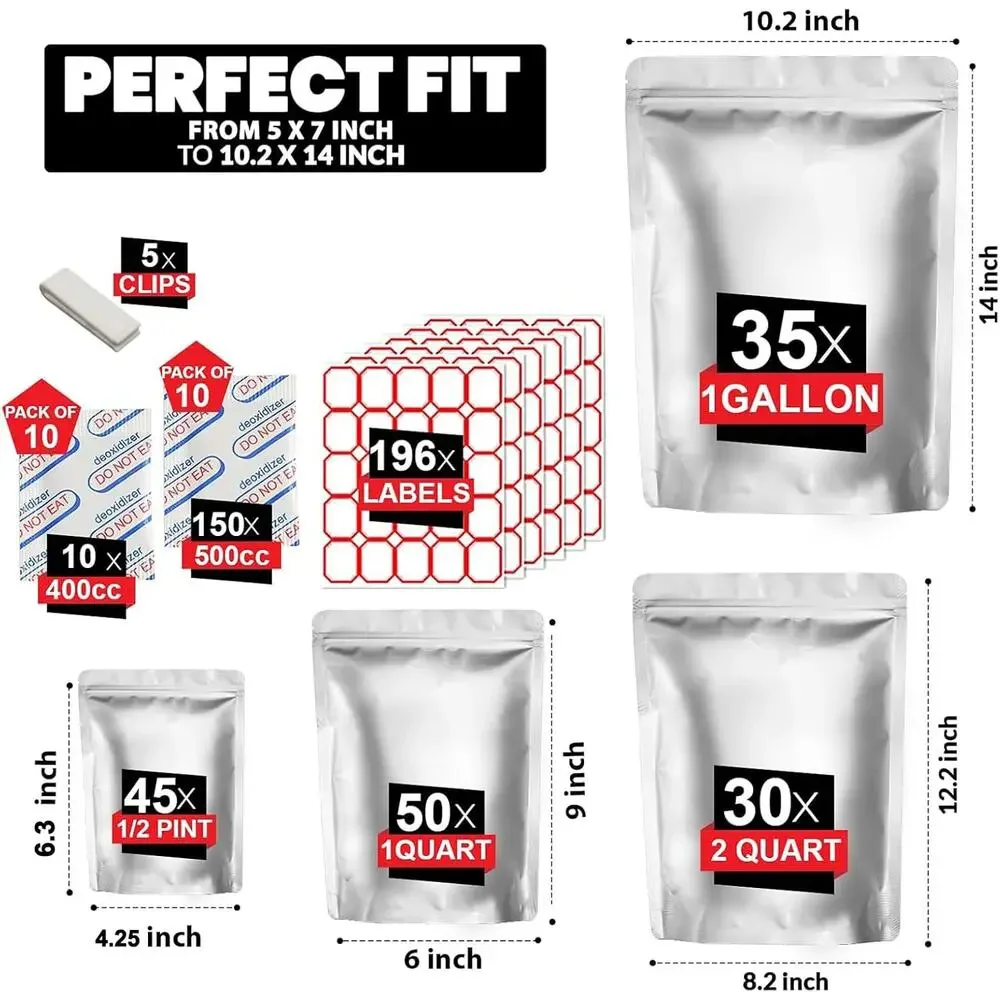 160 Mylar Bags, 160 Oxygen Absorbers-196 Labels, 4 Sizes Smell Proof, Resealable
